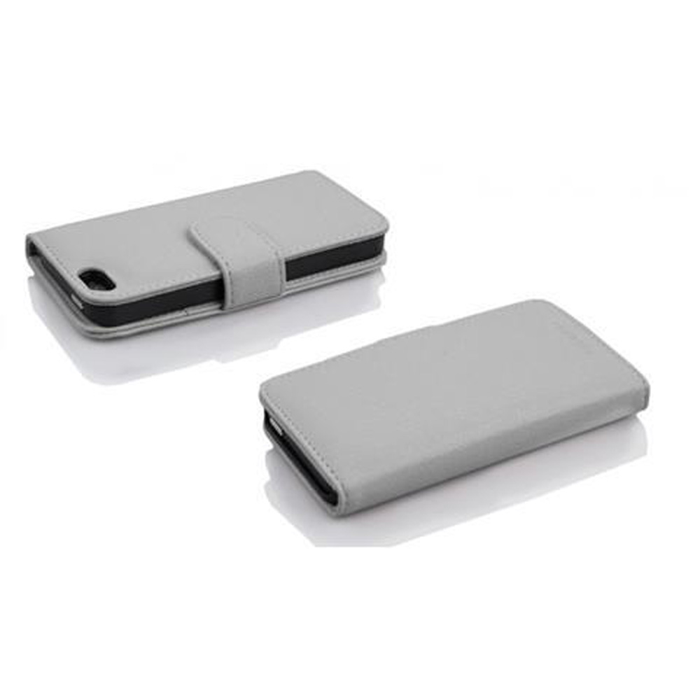 Dos fundas grises para teléfono. Una está abierta, la otra cerrada. Ambas están sobre una superficie blanca.