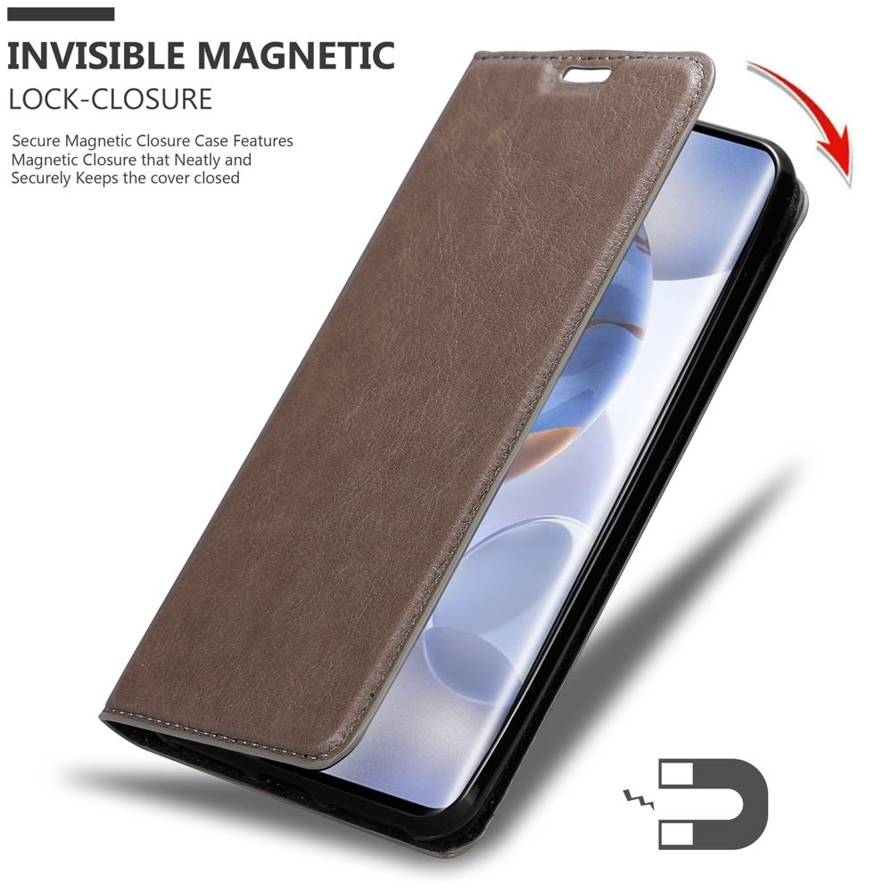 Custodia marrone con telefono all'interno. La custodia si apre per rivelare il telefono. Un magnete è mostrato.