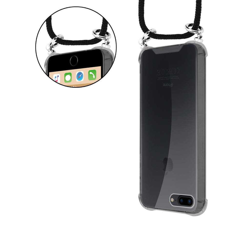 Un telefono in una custodia trasparente con un cordino nero appeso dall'alto.