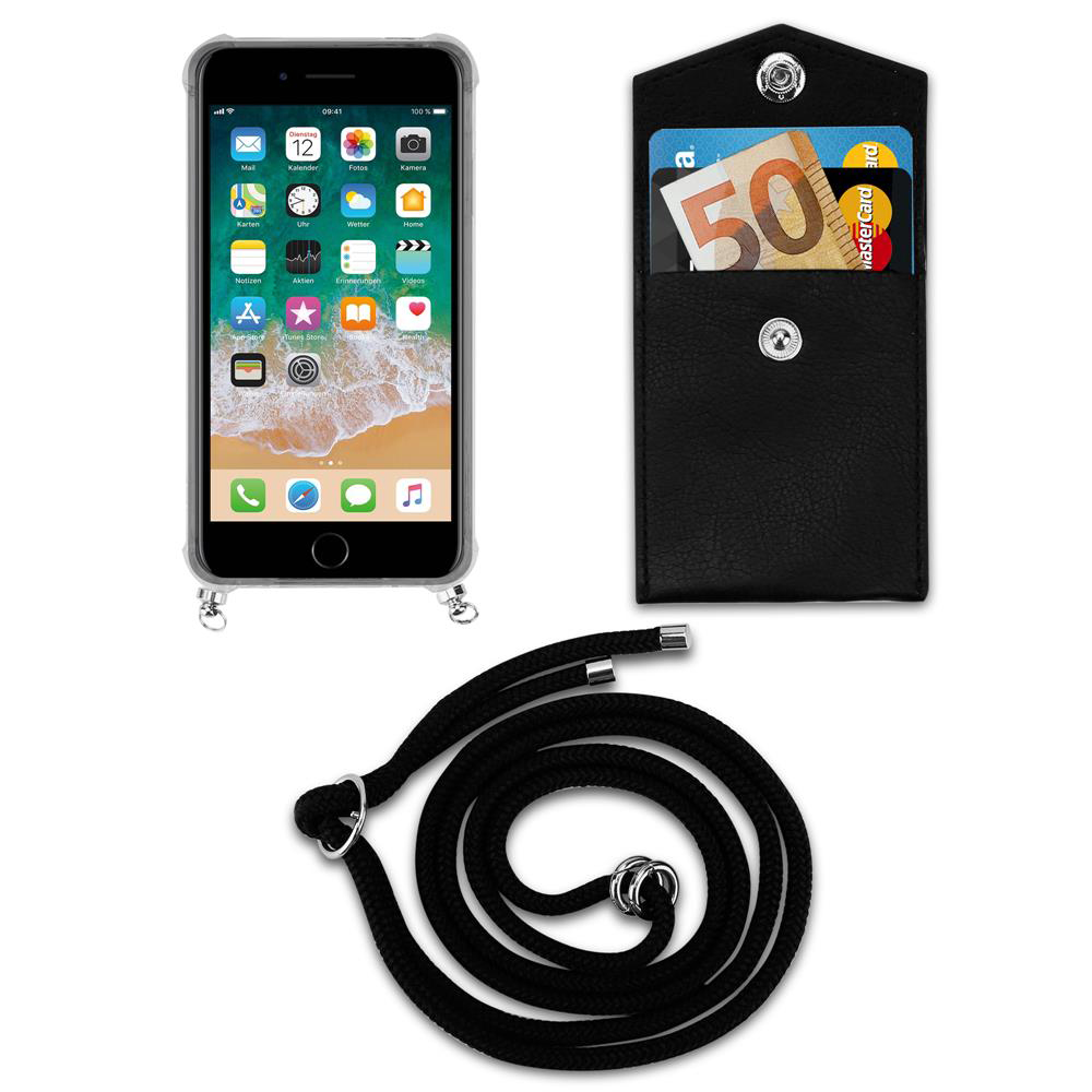 Telefono con custodia e cordino. La custodia ha una tasca per carte. Lo schermo è acceso.