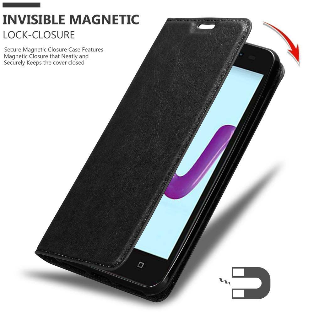 Eine schwarze Telefonhülle mit Magnetverschluss. Die Hülle ist geöffnet und zeigt den Bildschirm.