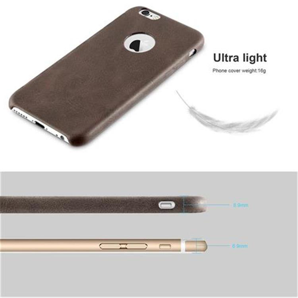 Custodia marrone per telefono, con ritaglio del logo Apple. Viste dall'alto e laterali. Testo: Ultraleggera, peso custodia 16g.