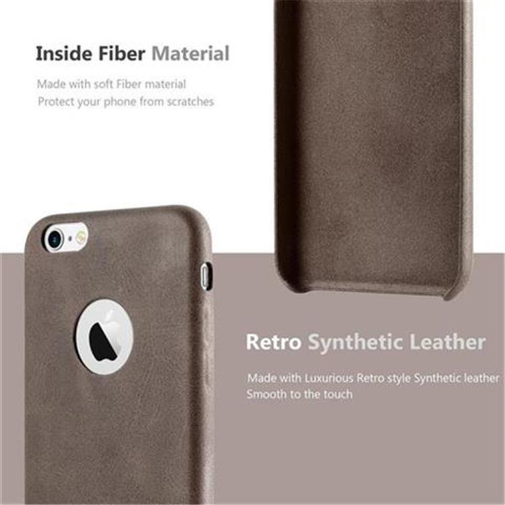 Custodia per telefono, marrone. Telefono a sinistra. Testo: Materiale interno in fibra, ecopelle retrò.
