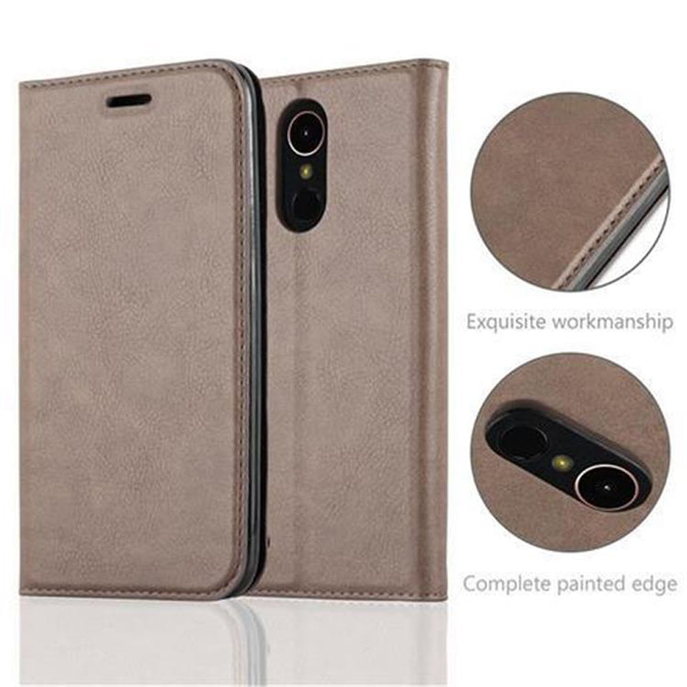 Braune Handyhülle mit Telefon. Text lautet 'Exquisite Verarbeitung' und 'Vollständig lackierte Kante'.