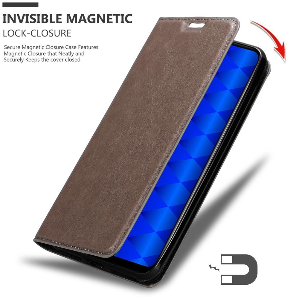 Custodia del telefono aperta. Chiusura magnetica. Telefono nero, schermo blu, copertura marrone. Testo: Blocco magnetico invisibile.