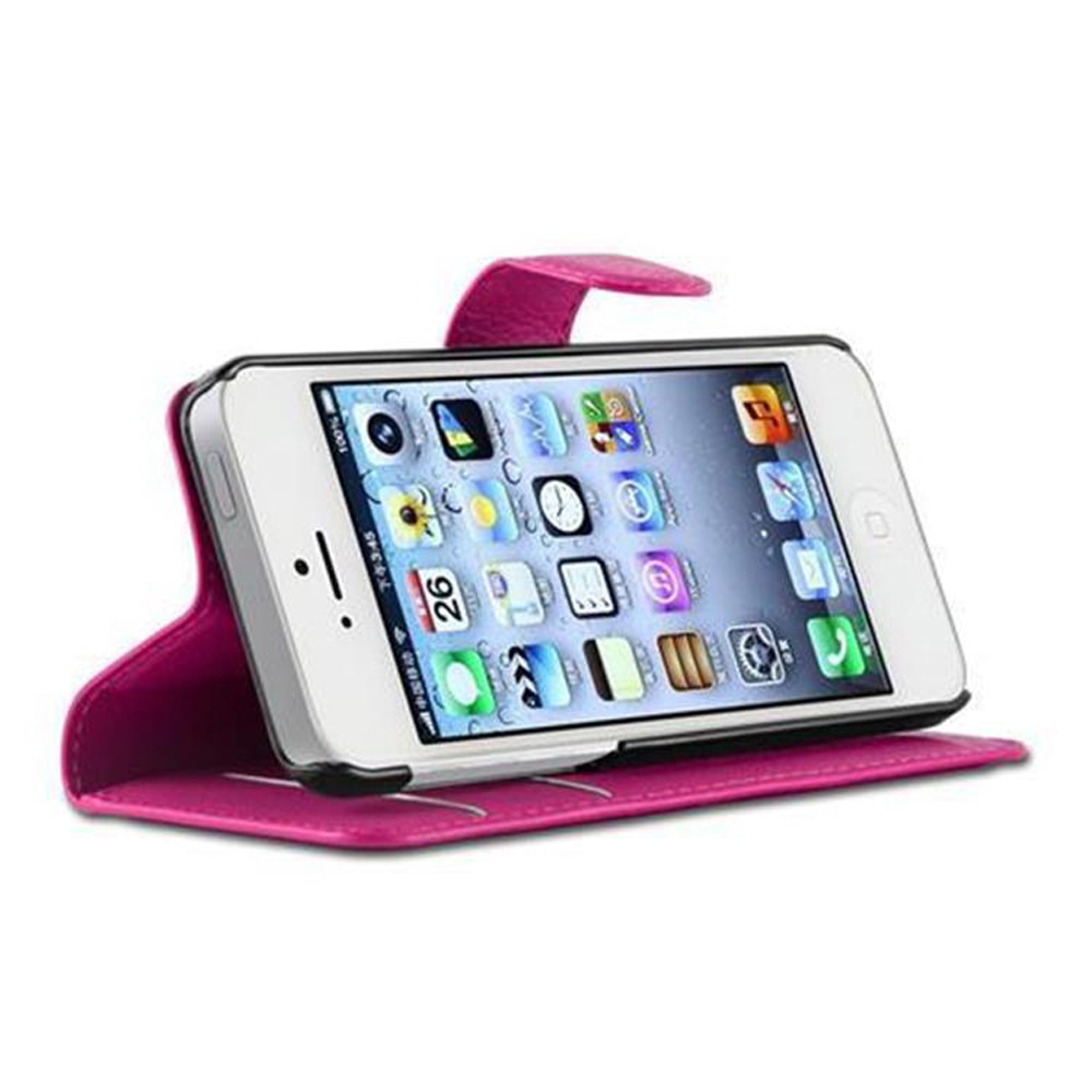 Telefono bianco su una custodia rosa. Lo schermo del telefono mostra diverse icone.