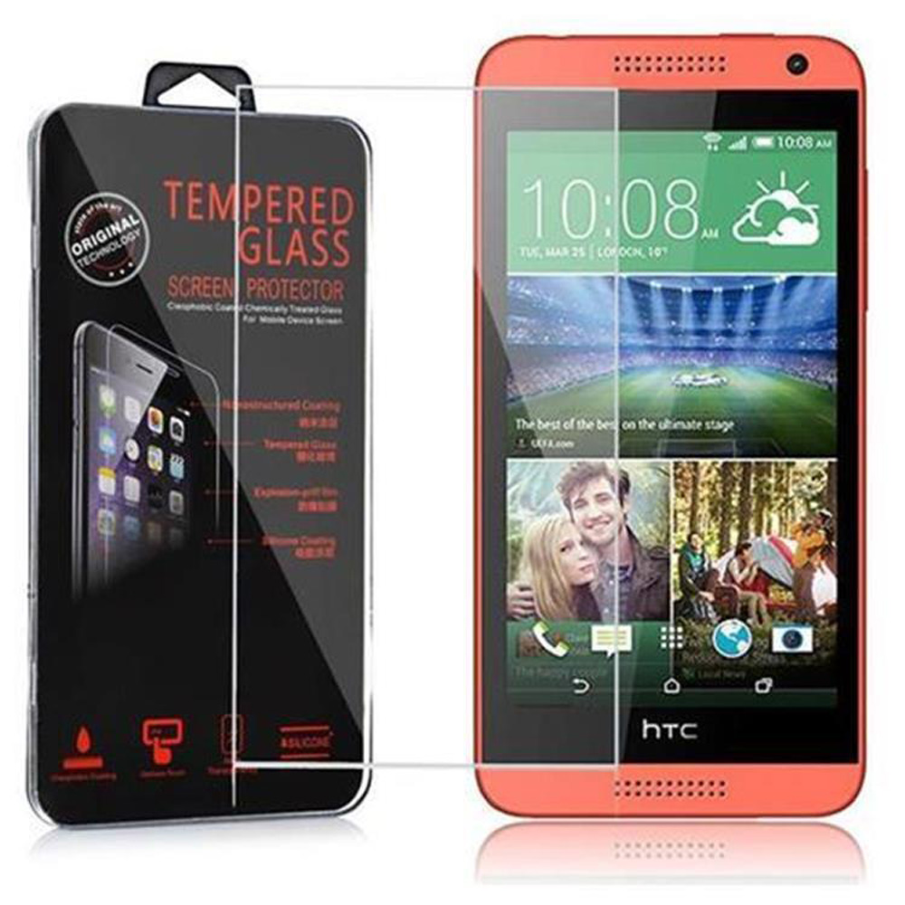 Un teléfono inteligente rojo con un protector de pantalla junto al embalaje del protector. El teléfono muestra fotos.