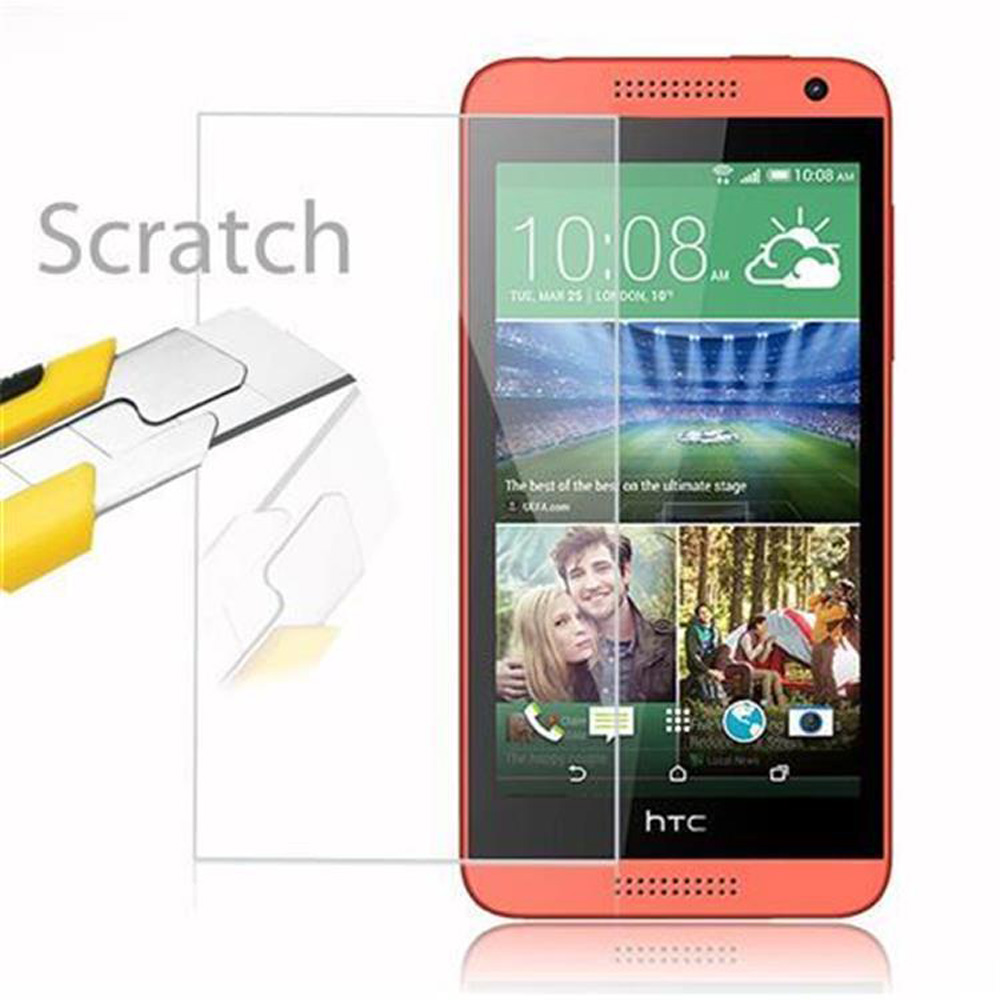 Teléfono naranja con protector de pantalla, cortador y texto: Rasguño. Muestra la pantalla.