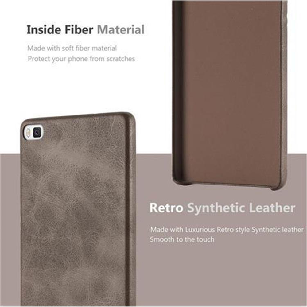 Due custodie per telefono, una grigia e una marrone. Testo: 'Inside Fiber Material' e 'Retro Synthetic Leather'.
