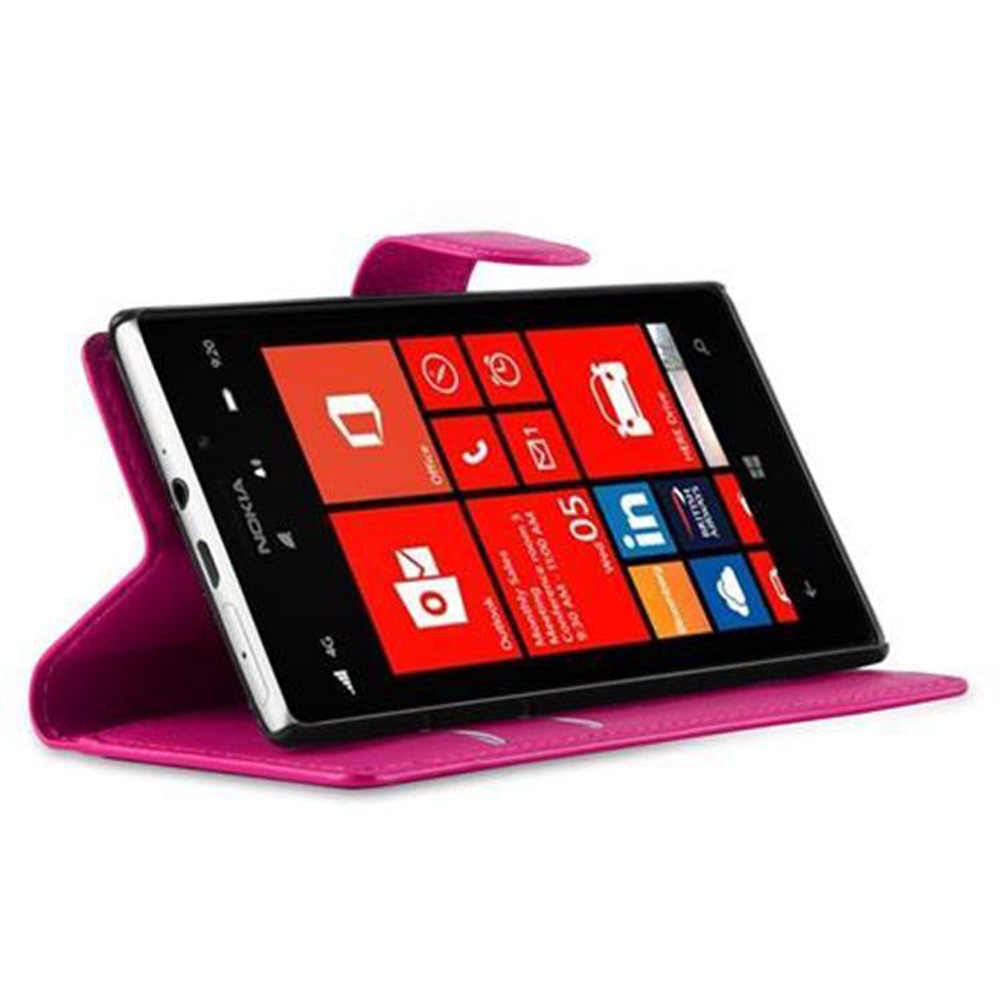 Telefono Nokia in custodia rosa, aperto. Lo schermo mostra il menu.