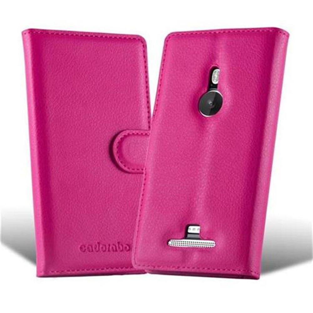 Custodia rosa per telefono, aperta e chiusa. Con chiusura magnetica.