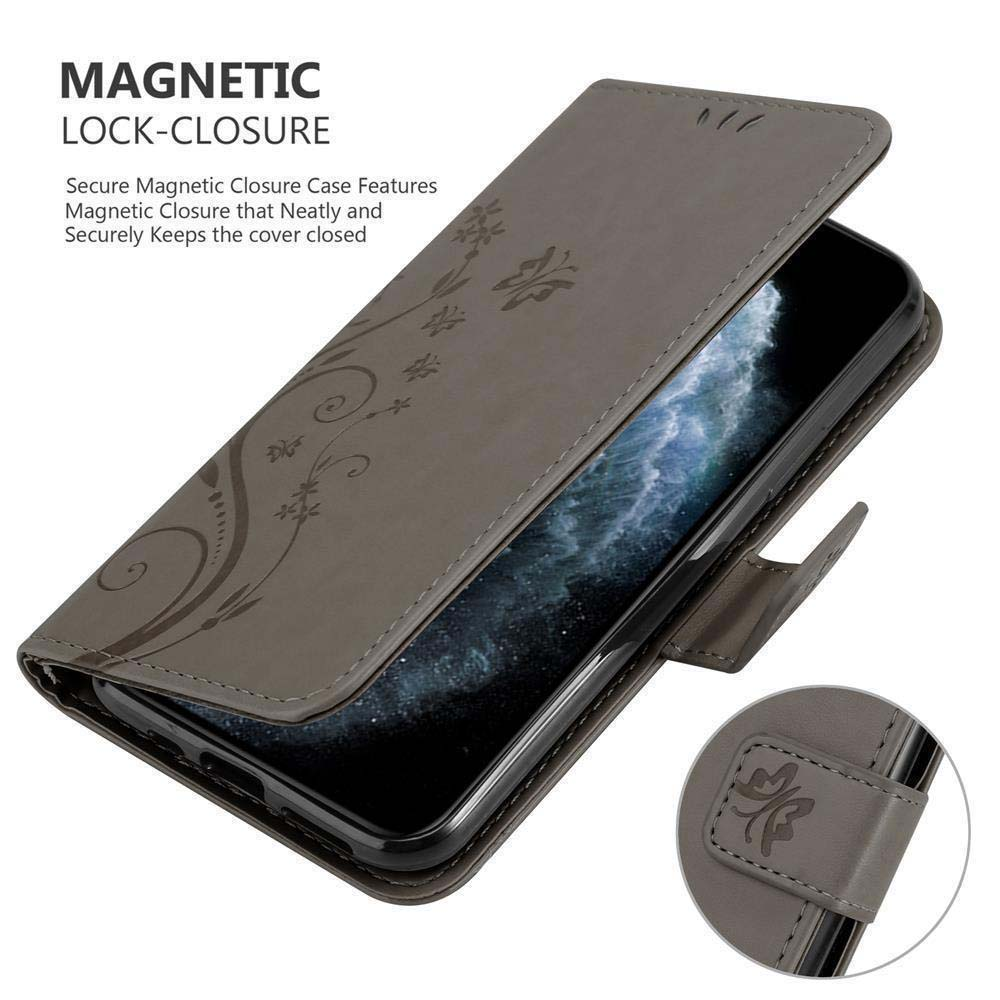 Telefono in una custodia con un design floreale. Testo: Chiusura magnetica. Il telefono è all'interno.