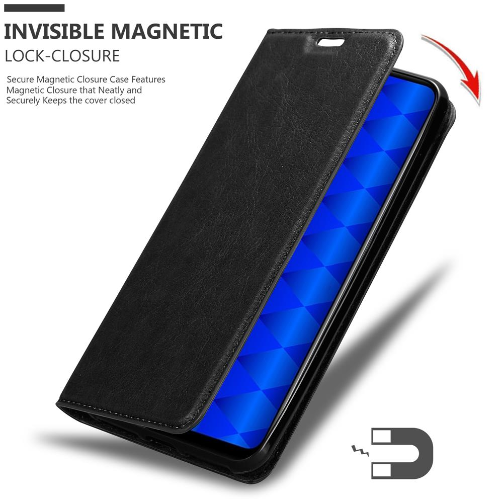 Schwarze Leder-Handyhülle mit blauem Bildschirm und Magnetverschluss.