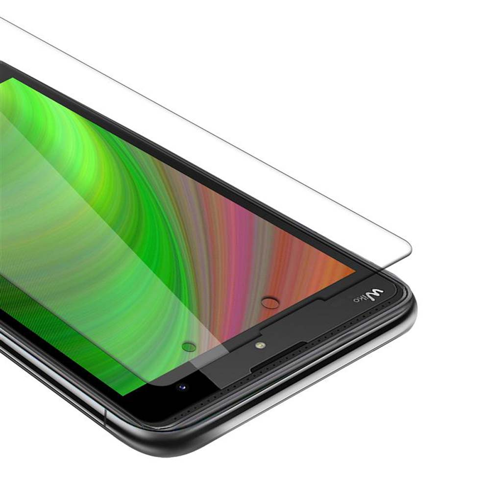Un teléfono con un protector de pantalla. La pantalla tiene tonos verdes, naranjas y morados.