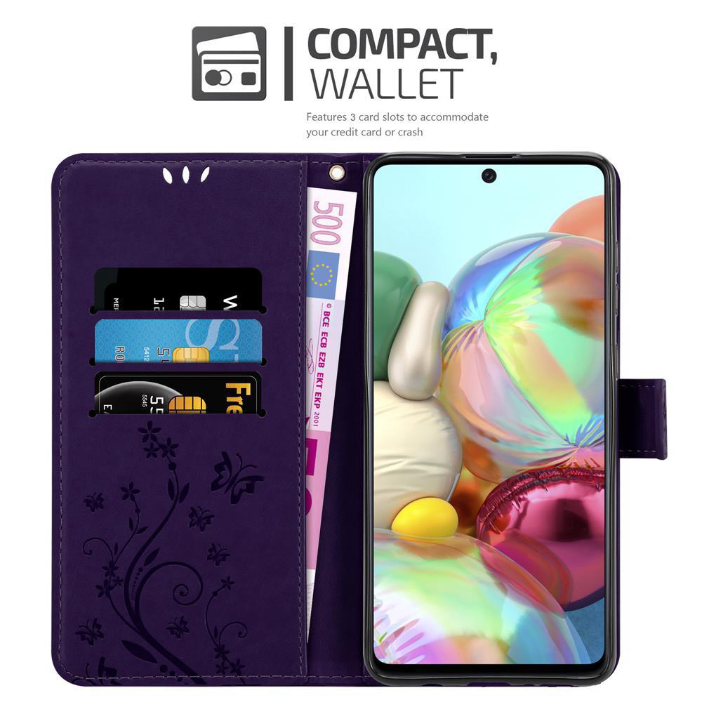 Telefono in una custodia con slot per carte e denaro. Lo schermo del telefono è visibile.