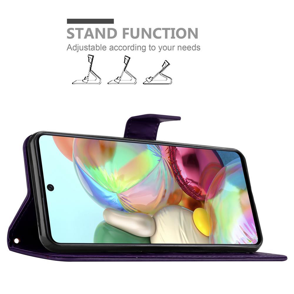 Custodia per telefono viola, aperta, con telefono all'interno. Mostra le opzioni della funzione stand.