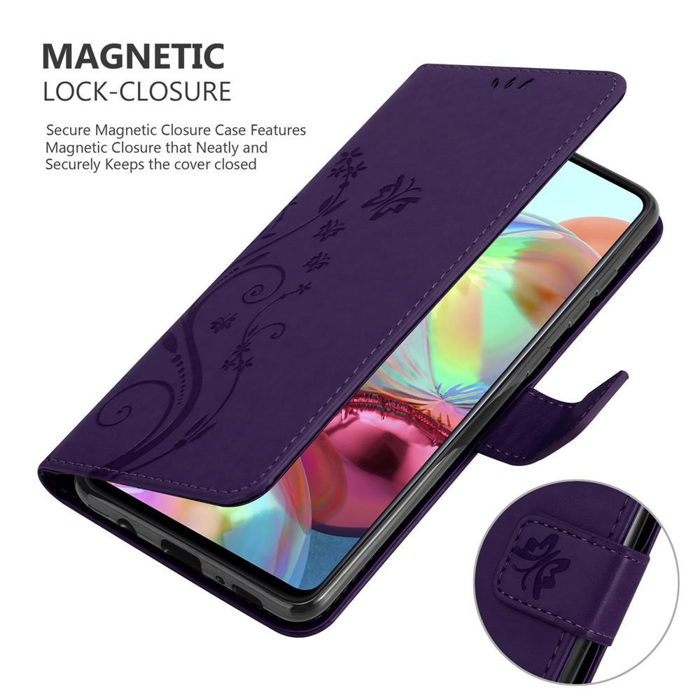 Custodia per telefono viola aperta, mostra telefono. Custodia con design floreale e chiusura magnetica.