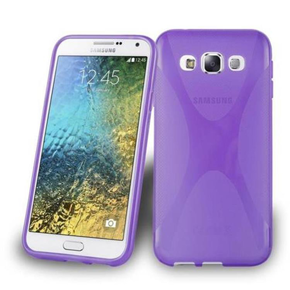 Funda de teléfono morada, teléfono dentro. Se muestran dos fundas.