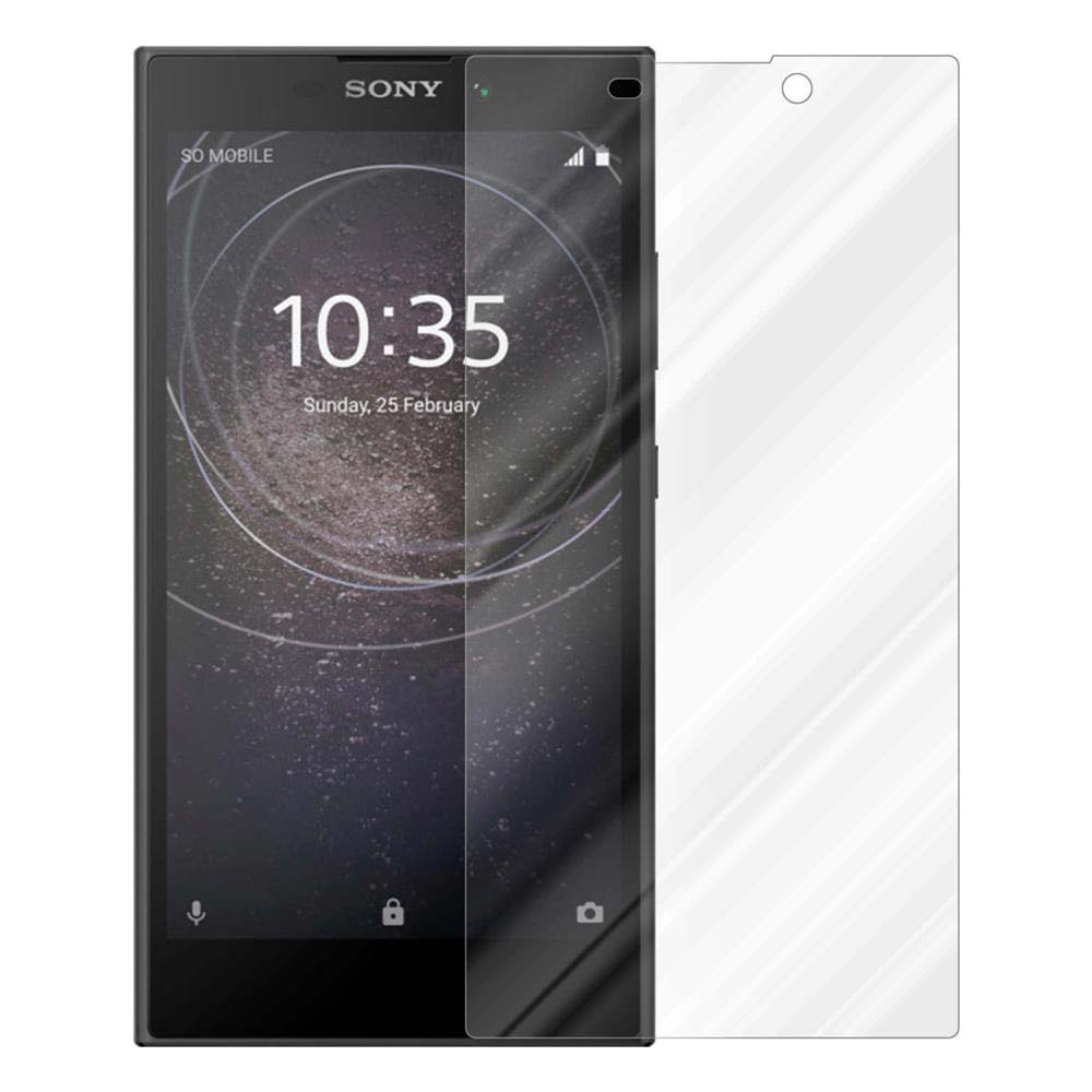 Telefono Sony nero con protezione schermo applicata, mostra ora e data.