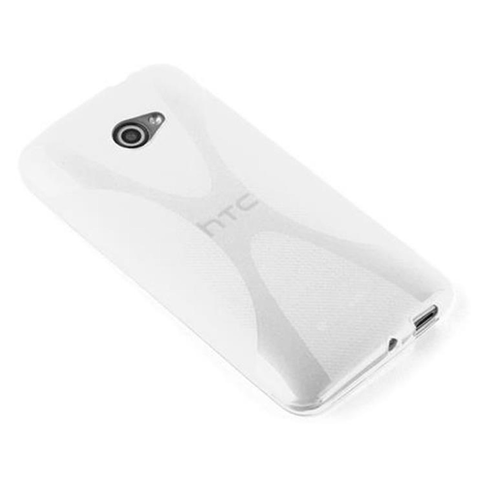 Eine weiße Handyhülle wird gezeigt. Es hat ein HTC-Logo und ein Kamera Loch.