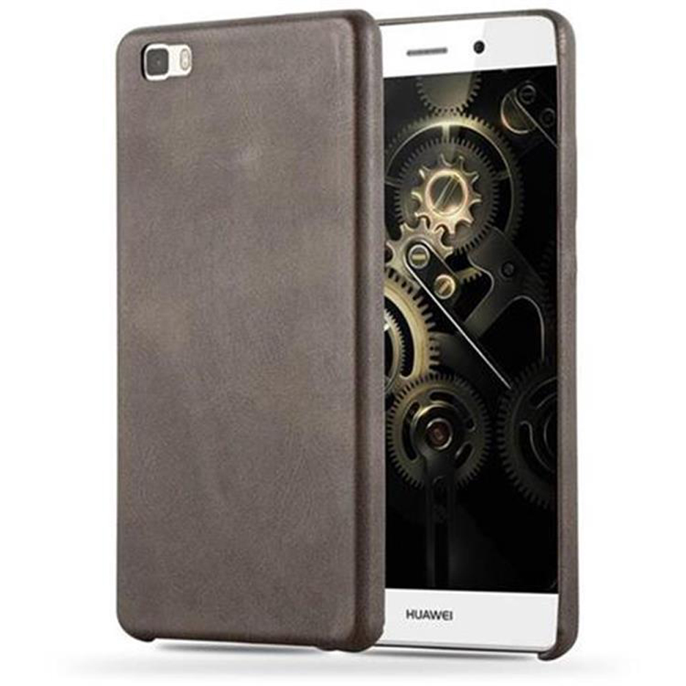 Una funda marrón y un teléfono que muestra engranajes. La funda está abierta.