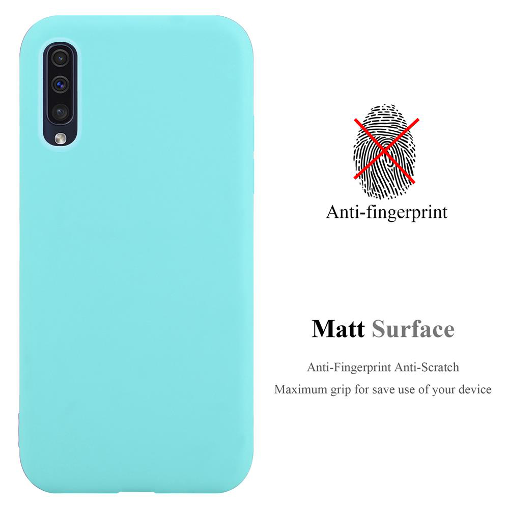 Hellblaue Handyhülle mit Anti-Fingerabdruck-Text und Fingerabdruck-Bild.