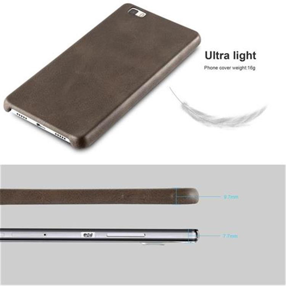 Funda de teléfono marrón. Texto: Ultraligera. Peso: 16g. Vista lateral: 7,7 mm y 9,7 mm.