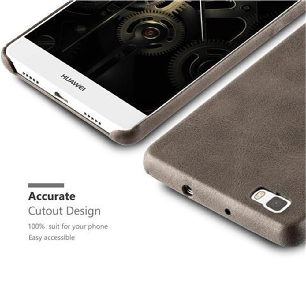 Teléfono en funda marrón. Funda marrón. Se muestra el lateral del teléfono. Diseño de recorte preciso.