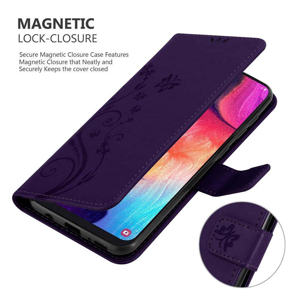 Custodia viola aperta, che mostra il telefono all'interno. Chiusura magnetica.