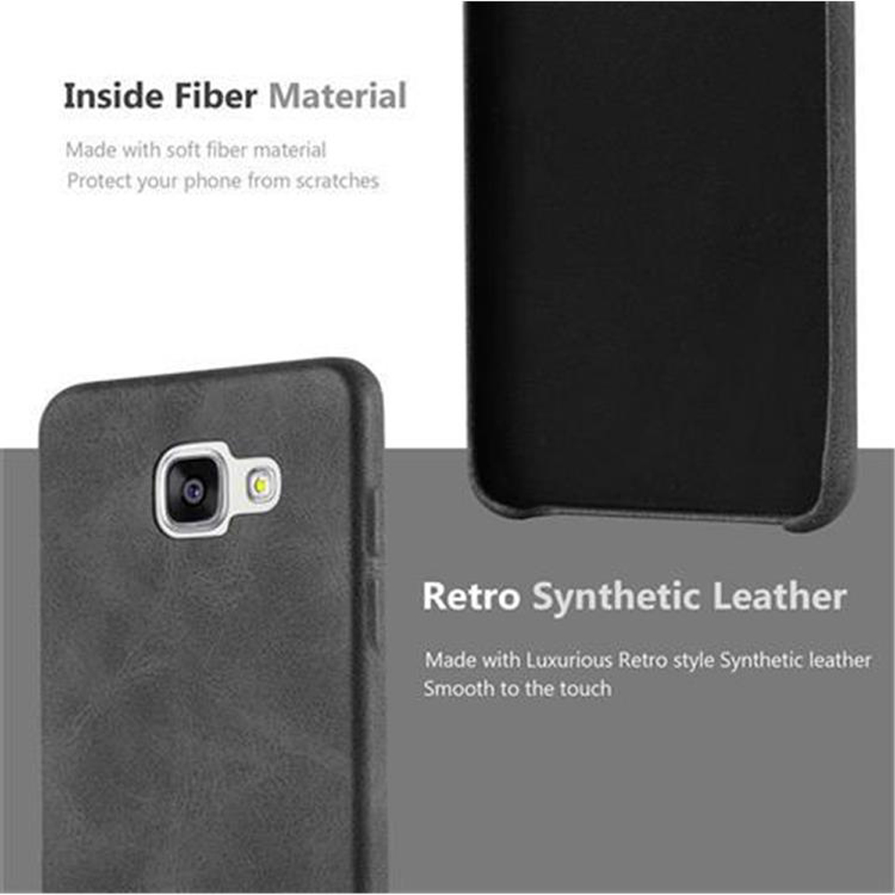 Una custodia per telefono con un telefono all'interno. La custodia è nera, con la scritta 'Retro Synthetic Leather'.