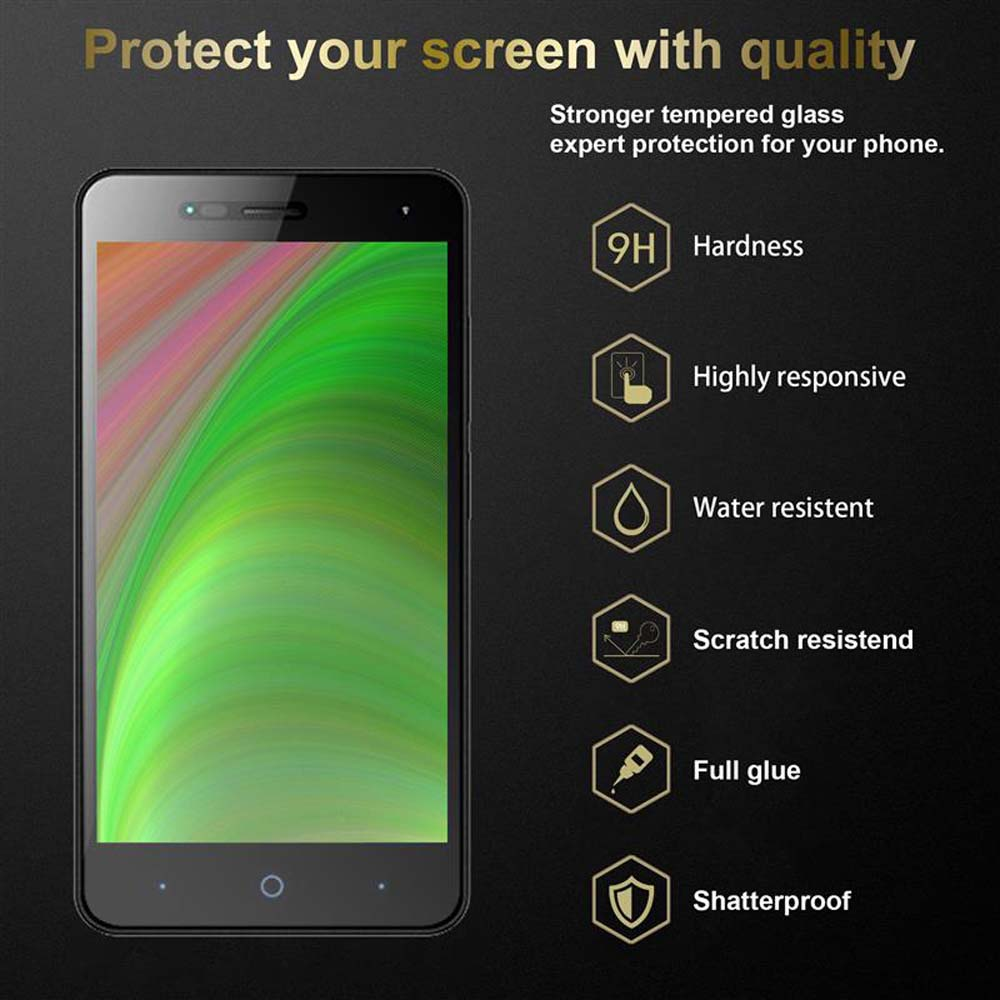 Uno smartphone che mostra uno schermo colorato, con infografiche sulla protezione dello schermo.