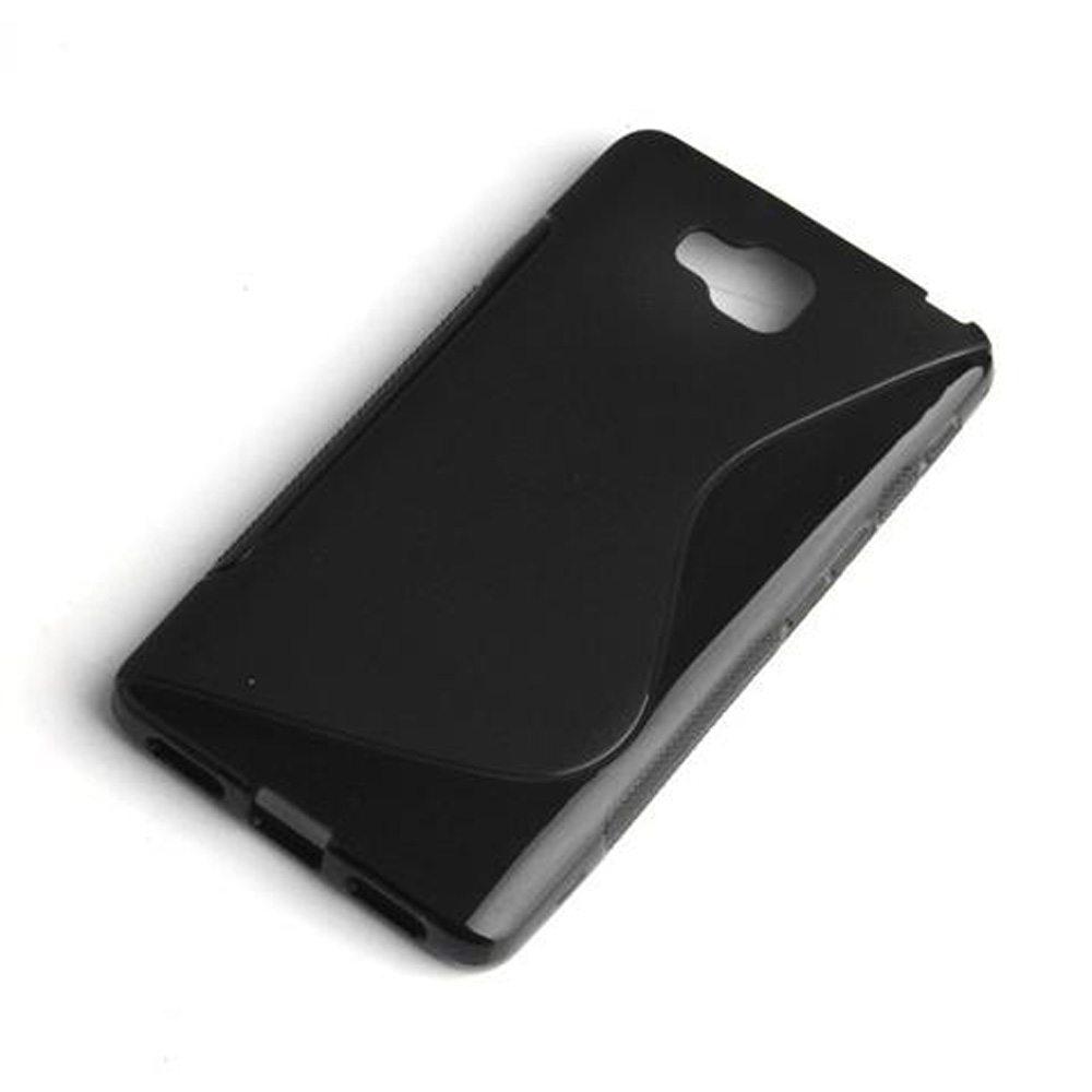 Custodia nera per telefono. Design curvo. Vista dall'alto. Superficie liscia. Fori per fotocamera e altre porte.