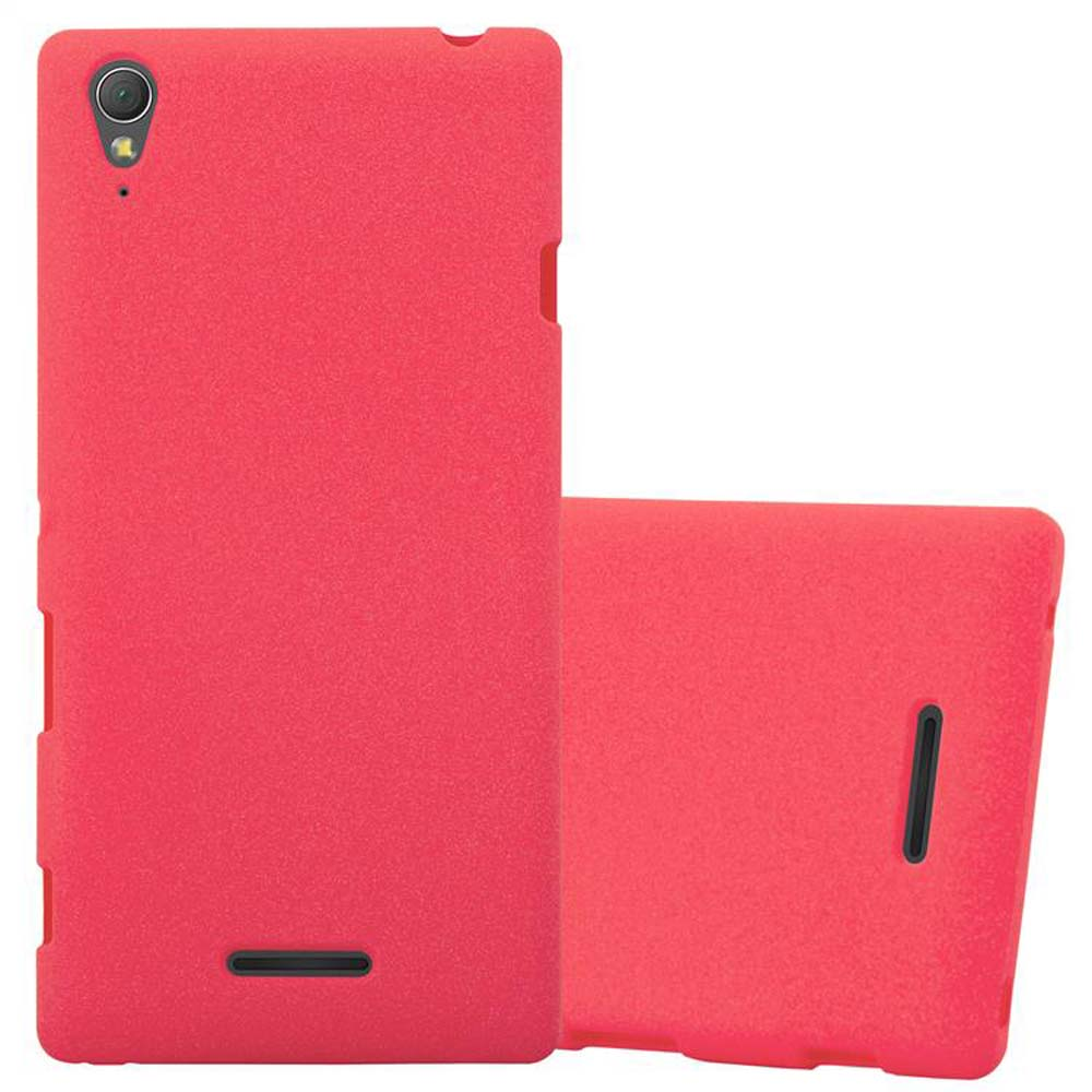 Funda de teléfono roja, con el teléfono dentro. Una funda está de lado.