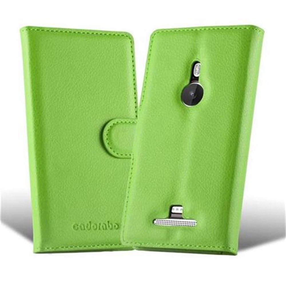Custodia per telefono verde, aperta e chiusa. La custodia ha un foro per la fotocamera.