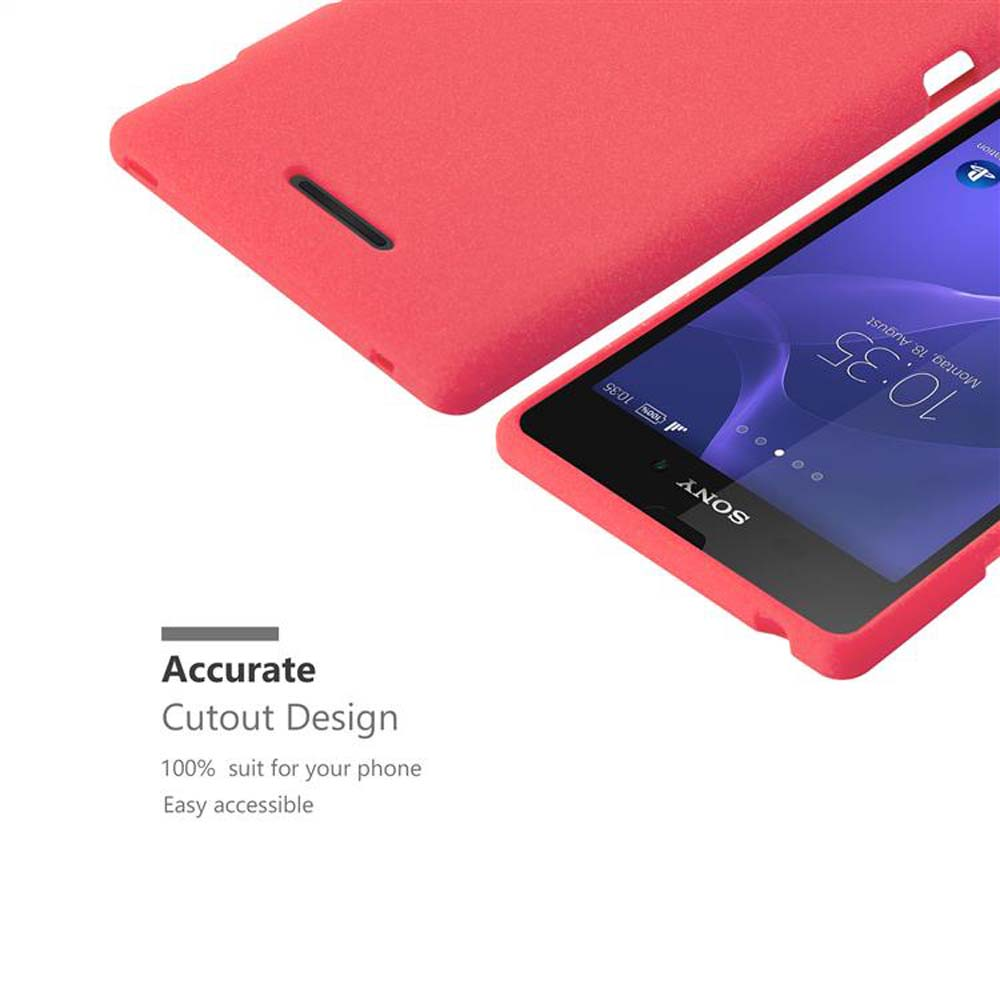 Funda roja y teléfono. La funda arriba, y el teléfono con pantalla visible. Texto: Diseño de corte preciso.