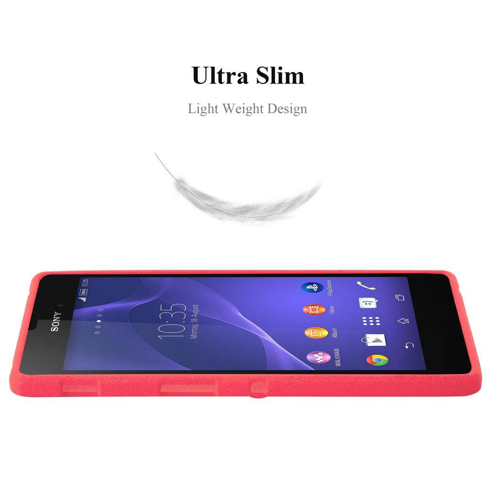 Teléfono negro en funda roja. El texto superior dice Ultra Slim. Una pluma flota encima.