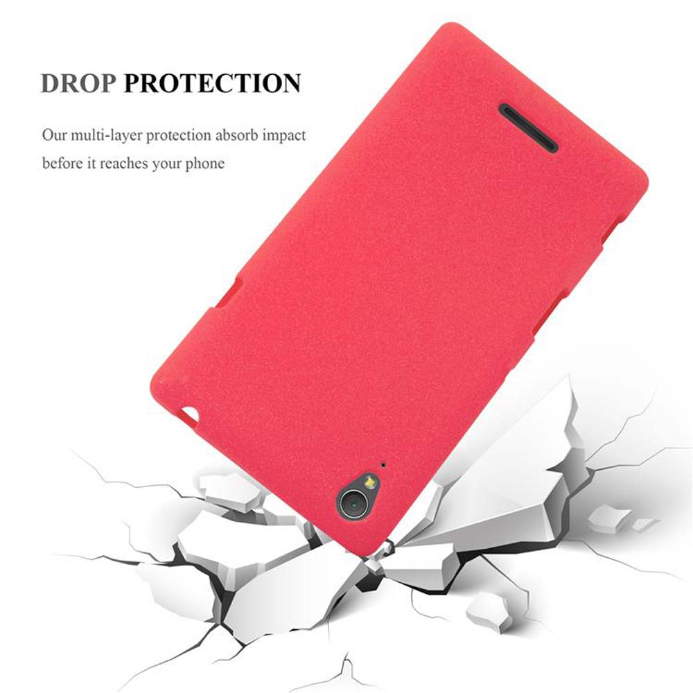 Funda roja con impacto de rotura. La funda está en el aire, y el suelo roto.
