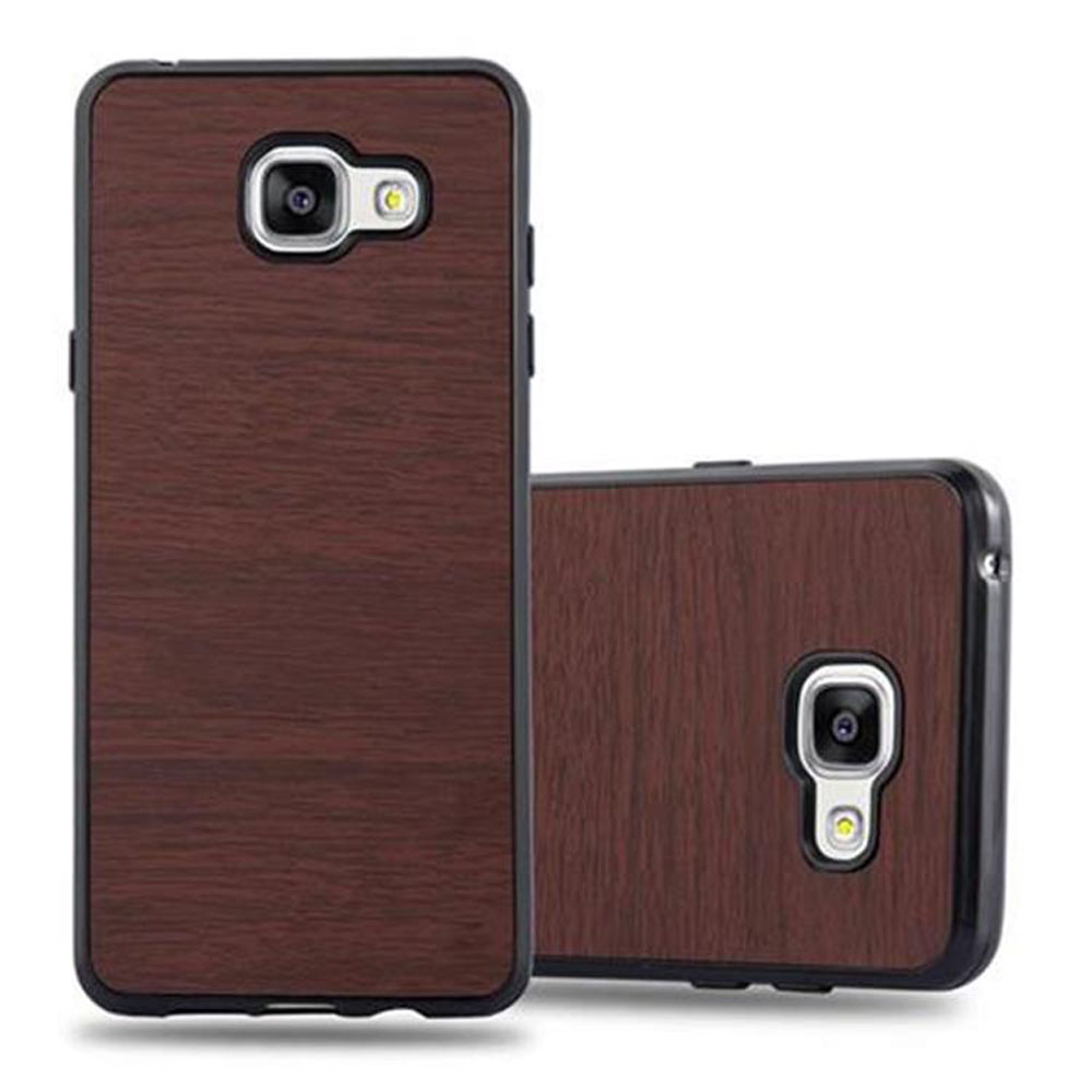 Dos fundas de teléfono con aspecto de vetas de madera. Una está de pie y la otra tumbada.