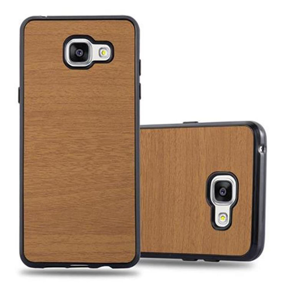 Dos fundas de teléfono, patrón de vetas de madera, una vertical, otra tumbada. Bordes negros con recortes de cámara.