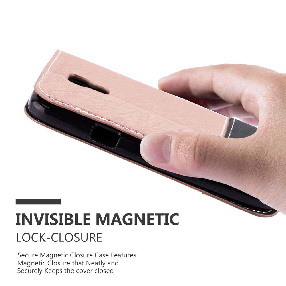 Mano che apre una custodia rosa per telefono. Testo: Chiusura magnetica invisibile.