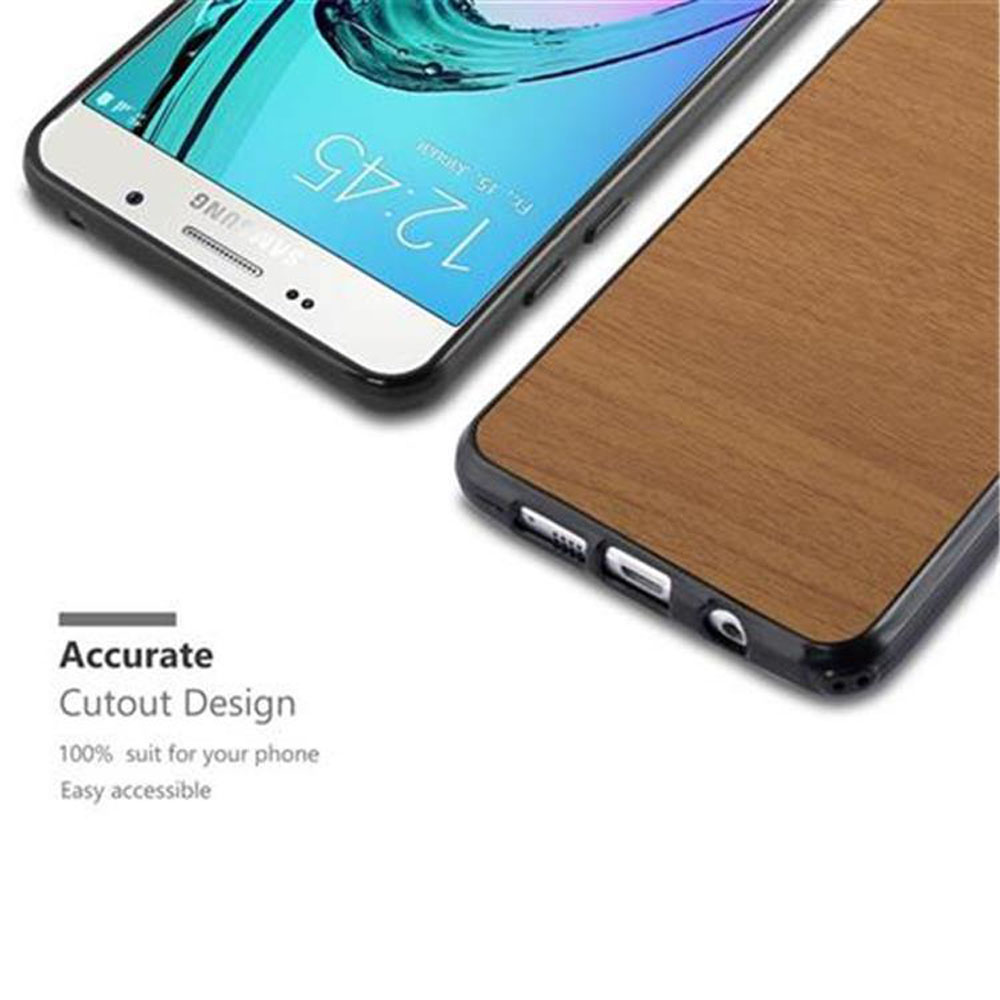 Se muestra un teléfono con una funda con textura de madera, mostrando la pantalla. La funda está separada del teléfono.