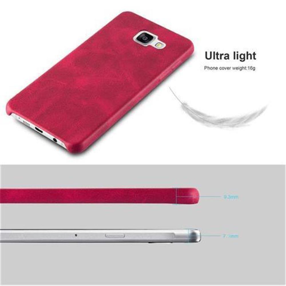 Custodia rossa con telefono. La custodia è su sfondo bianco. La custodia pesa 16g.