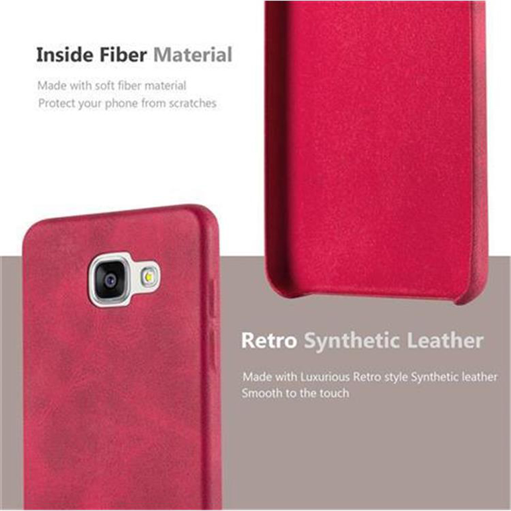 Primo piano di custodia rossa, con dettagli in fibra e descrizioni di pelle sintetica retrò.