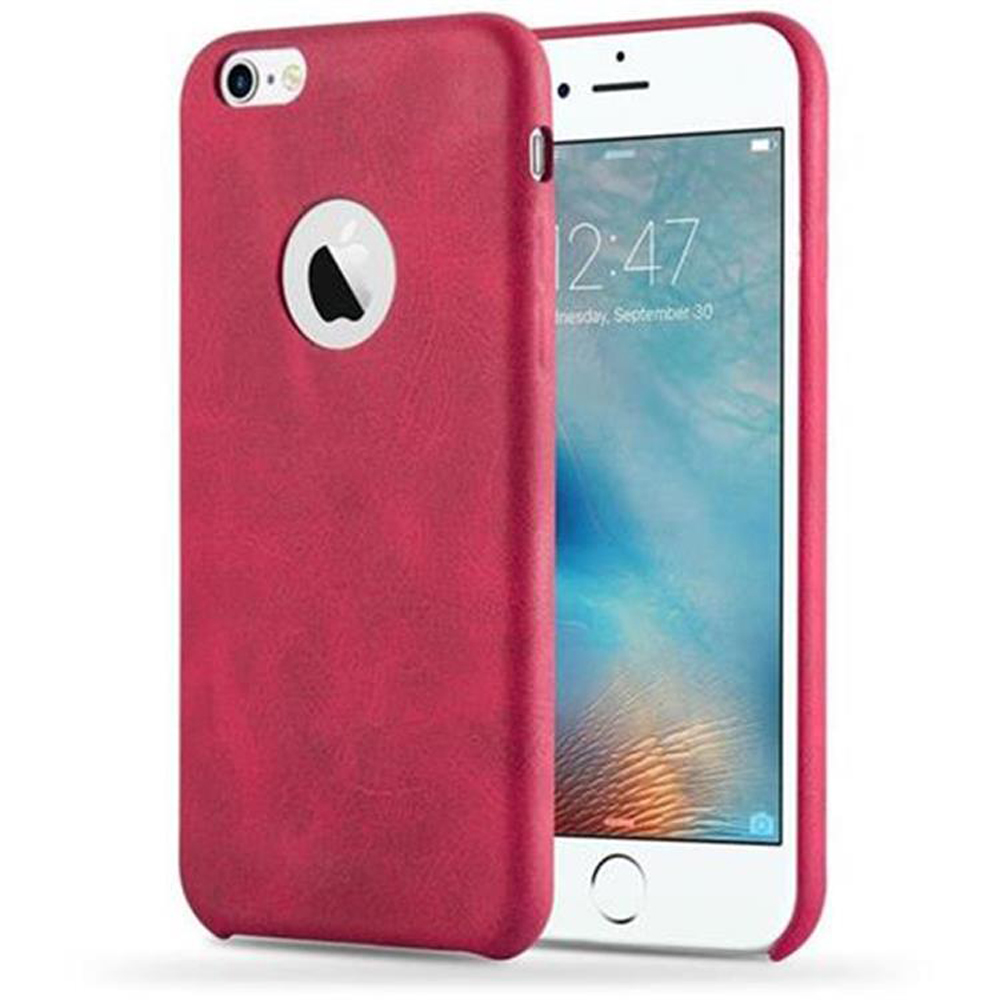 Custodia per telefono rossa, con un telefono all'interno, che mostra l'ora e il logo Apple.