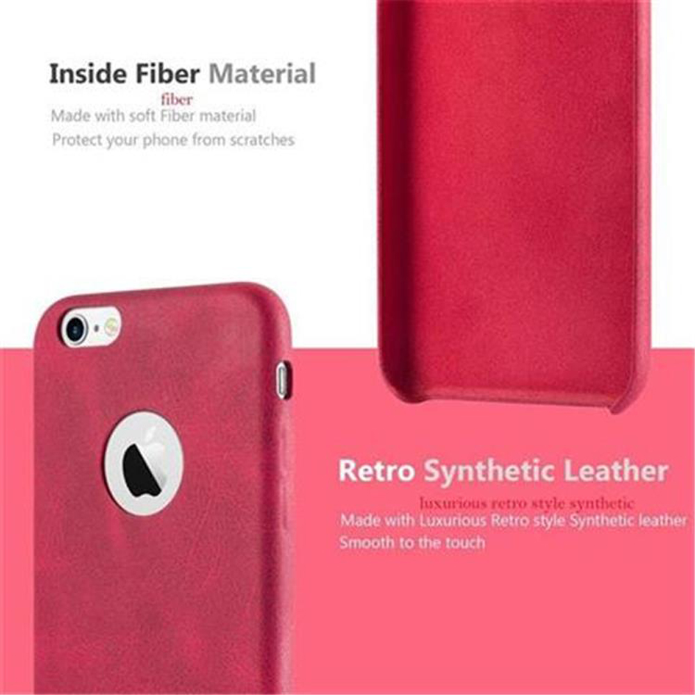 Custodie per telefono rosse con descrizioni: 'Inside Fiber Material' e 'Retro Synthetic Leather', che mostrano le loro caratteristiche.