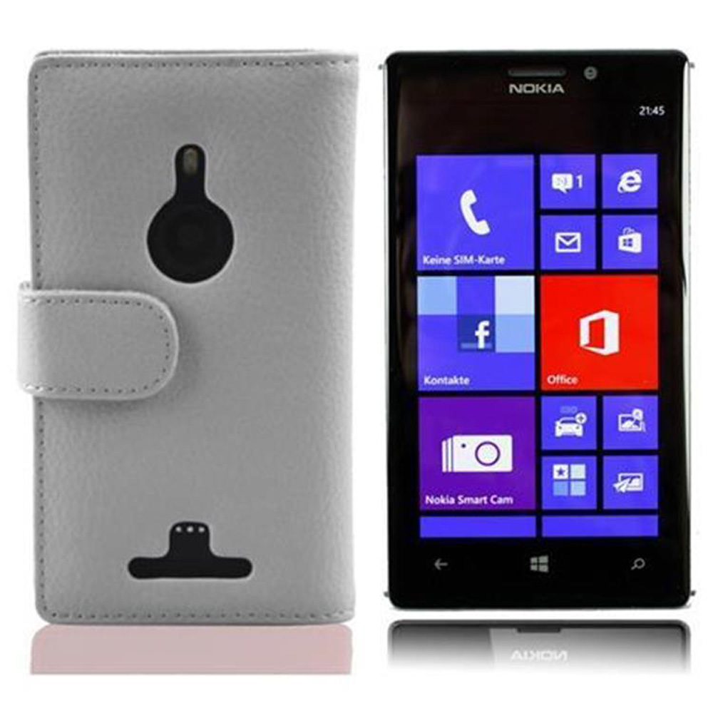 Ein Nokia-Telefon in einer grauen Brieftasche, wobei der Bildschirm des Telefons die Benutzeroberfläche anzeigt.