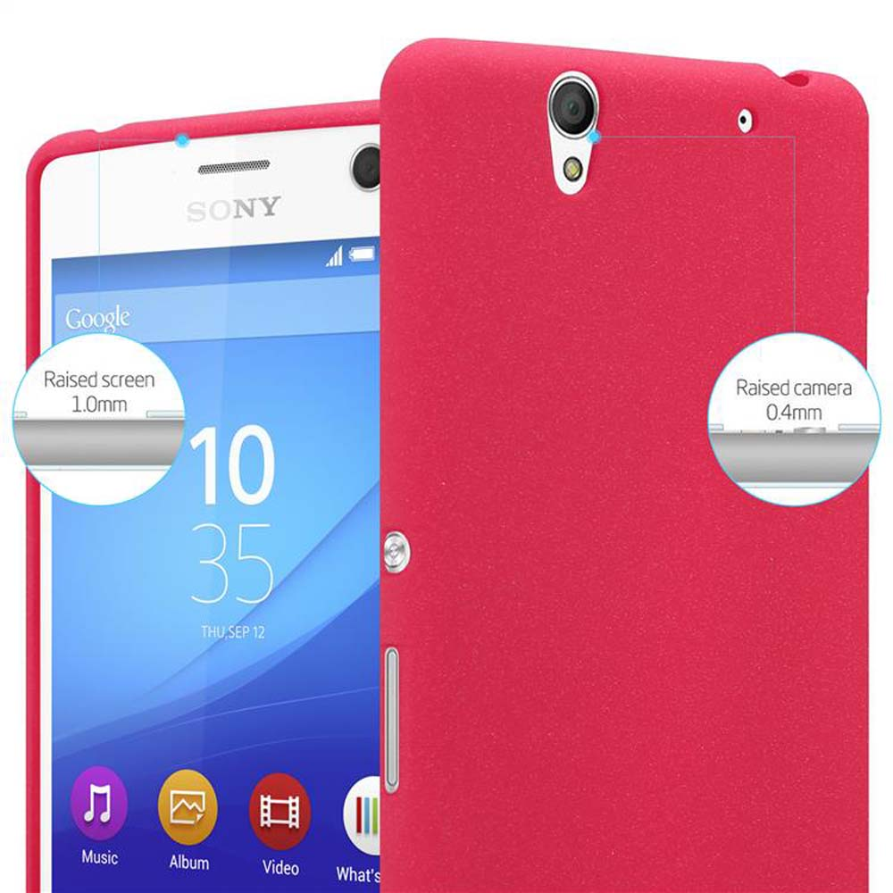 Custodia rossa per telefono accanto a un telefono bianco. Lo schermo mostra l'ora e le app. Il testo indica schermo e fotocamera rialzati.