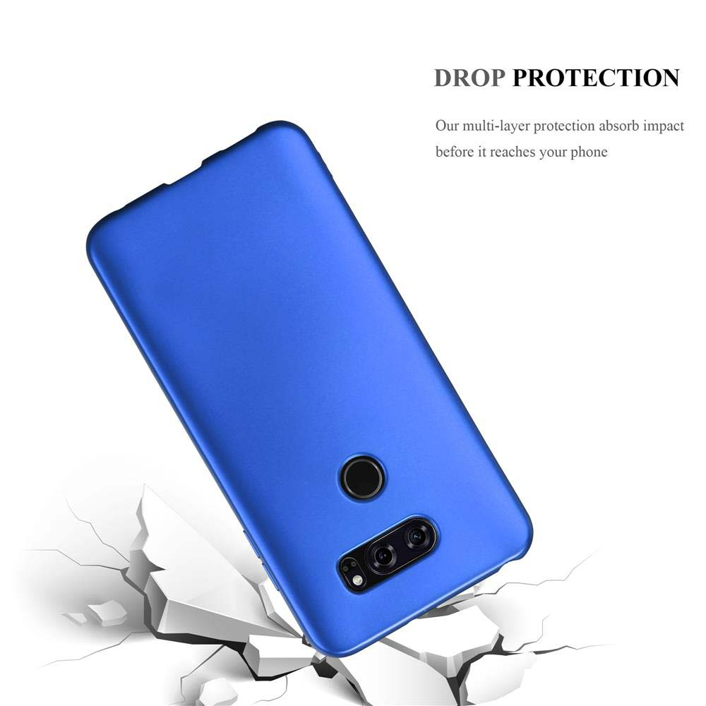 Blaues Telefongehäuse fällt. Weißer Hintergrund mit Risseffekt.