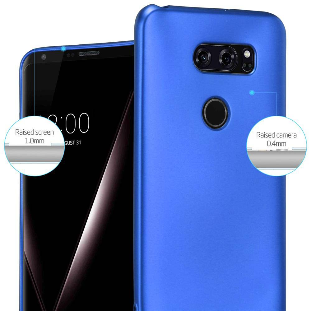 Blaues Telefon mit Hülle. Bildschirm und Kamera sind hervorgehoben und beschriftet. Die Hülle ist blau.