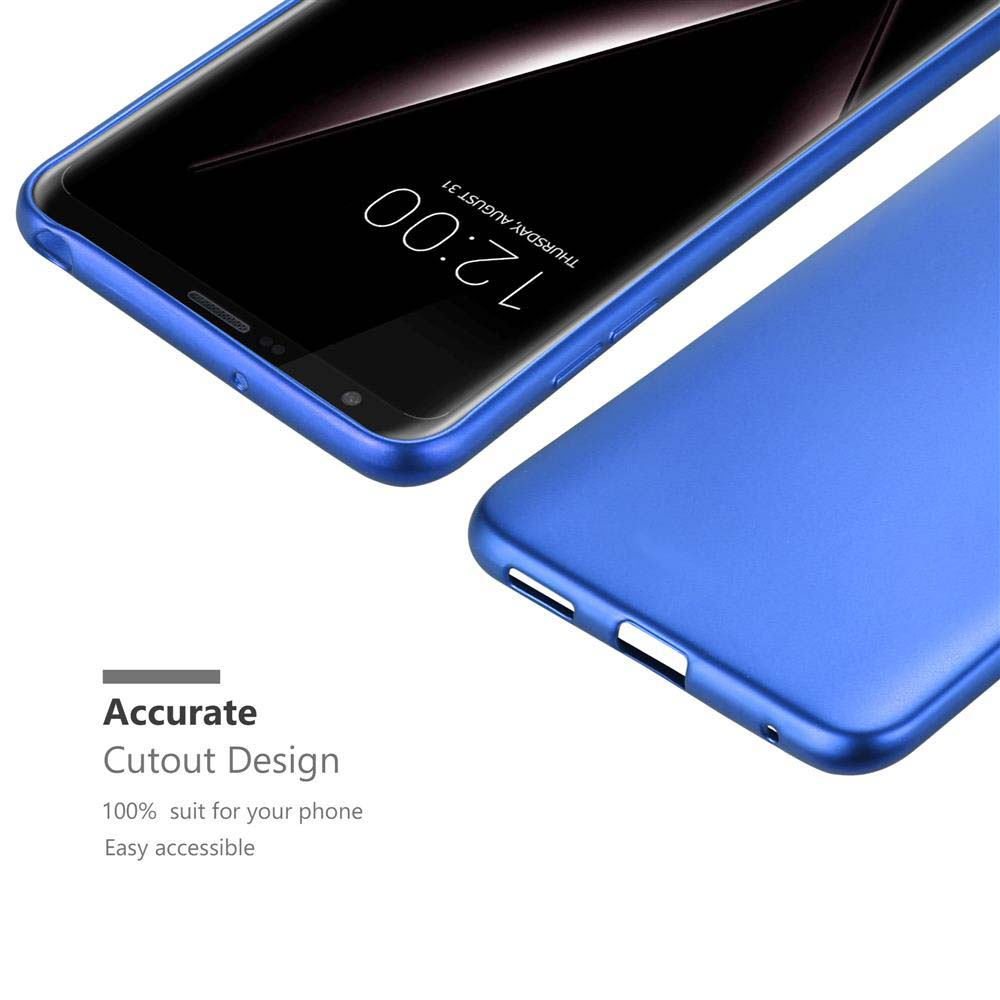 Blaues Telefon mit blauem Rahmen, schräge Ansicht. Der Bildschirm zeigt einen dunklen Hintergrund.